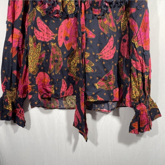 NWT Farm Rio [ Small ] Patchwork Bananas Ruffle Long Sleeve Blouse in Blue‎ - Picture 7 of 13